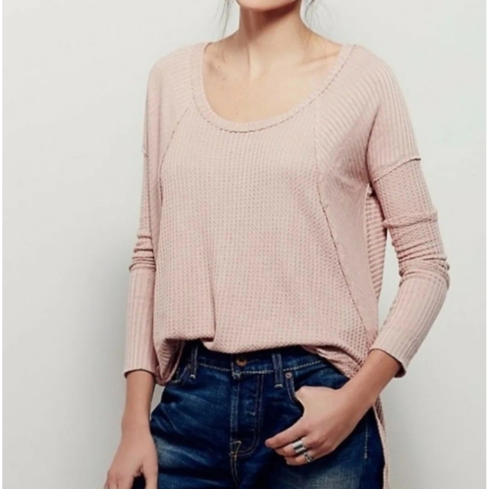 Free People Laguna Thermal Top Dusty Rose Pink Waffle Knit Scoop Neck Small
